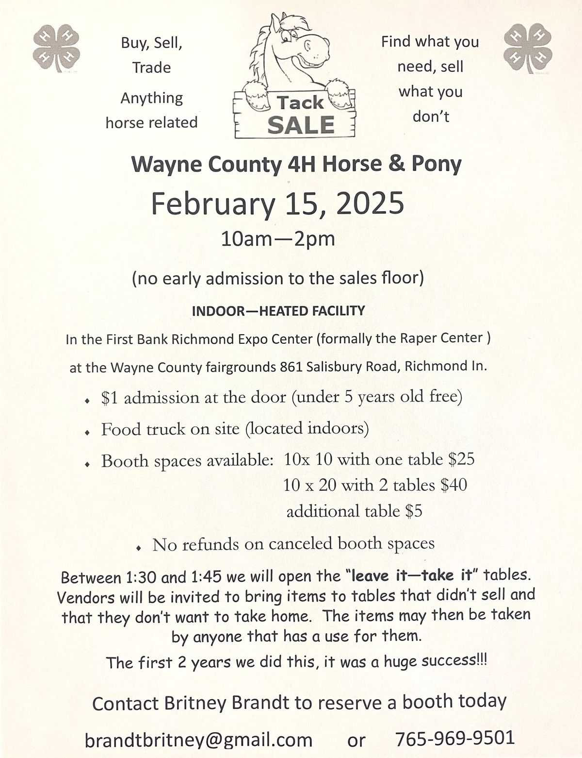 Wayne County 4H Horse & Pony Tack Sale  (Swap Meet)   (Richmond Indiana)