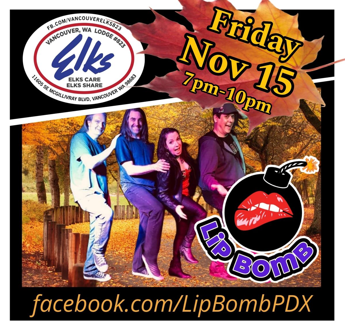 Fun Quirky 70s 80s 90s Band Lip Bomb Debuts @ Vancouver Elks 823 in Vanc. WA Friday Nov. 15th 7-10pm