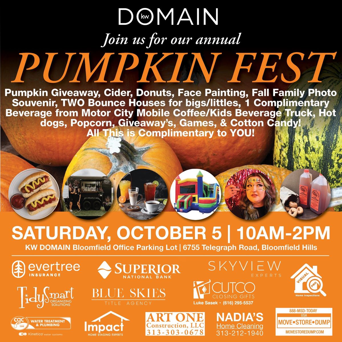 This is always so much fun! Pumpkin giveaway, facepaint, cider, doughnuts, bounce houses