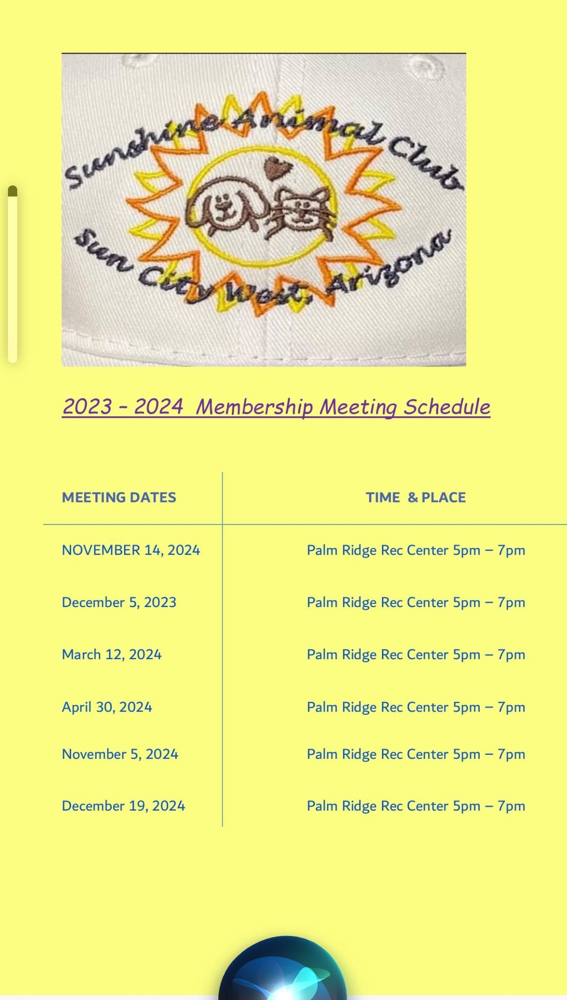 Membership meeting Schedule