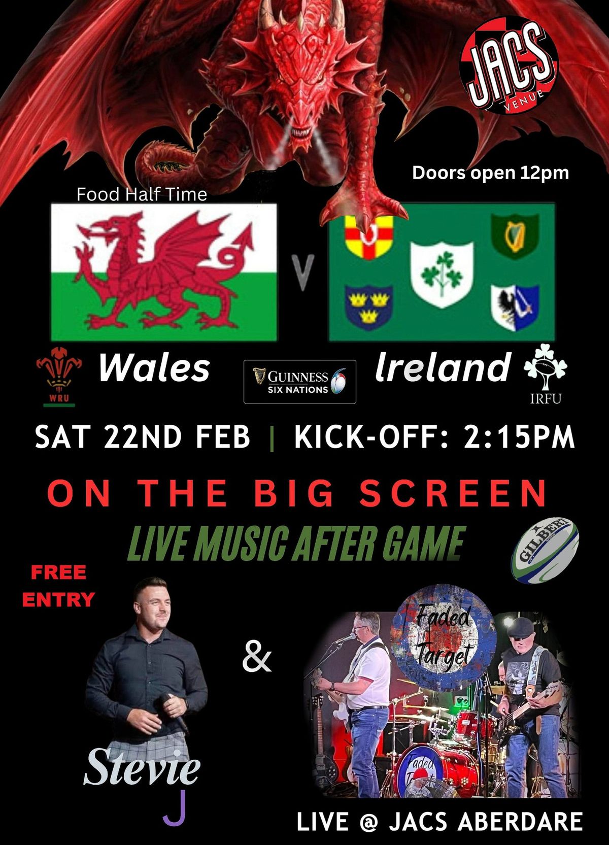 Ireland V Wales Rugby + Live music from: Stevie J + Faded Target @ Jacs Aberdare