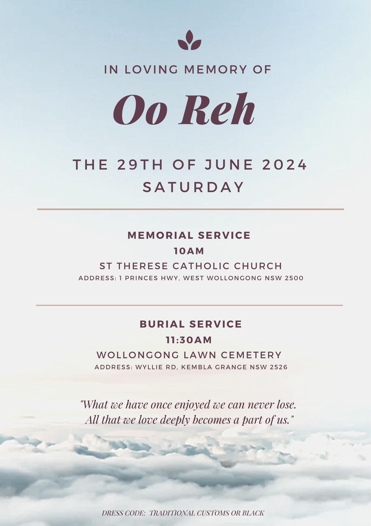 Celebration of Life for Oo Reh