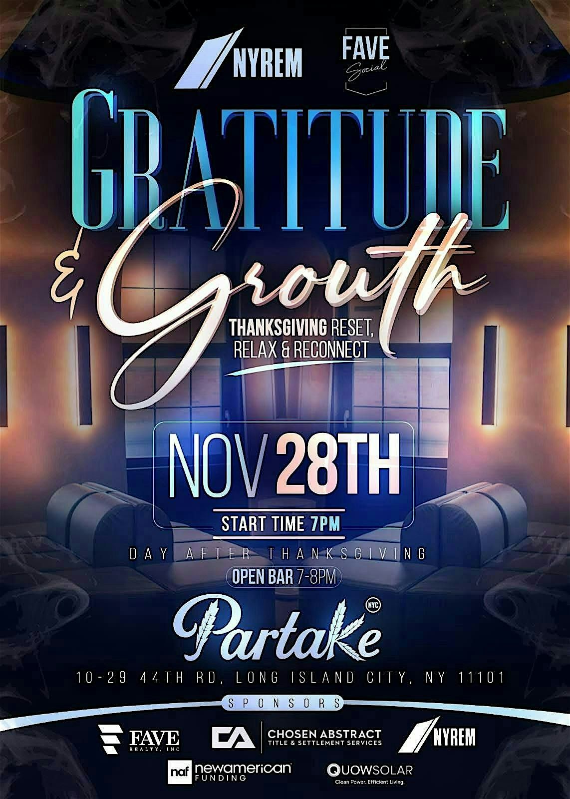 NYREM x FAVE presents Gratitude & Growth: Friday Nov 28th @Partake