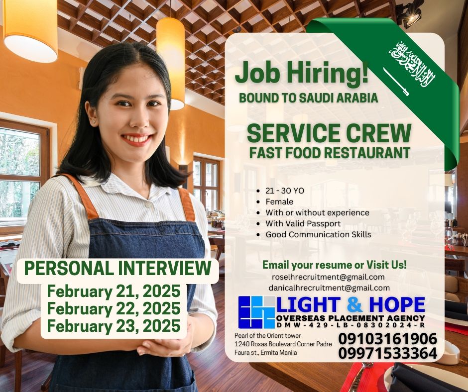 Personal Interview for Female Service Crew in Saudi Arabia