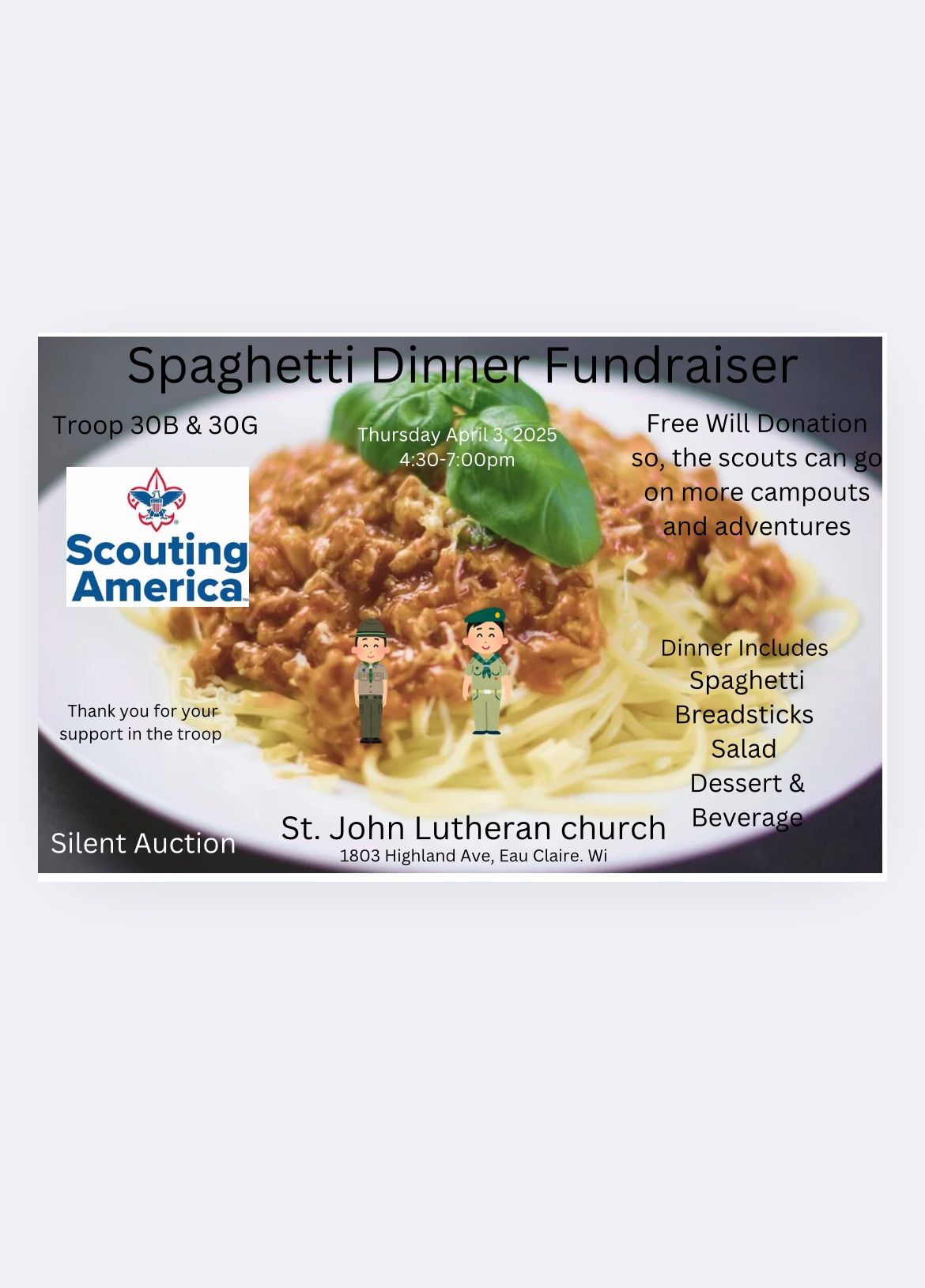 Spaghetti Dinner Fundraiser & Silent Auction by&for Troop 30 Scouts