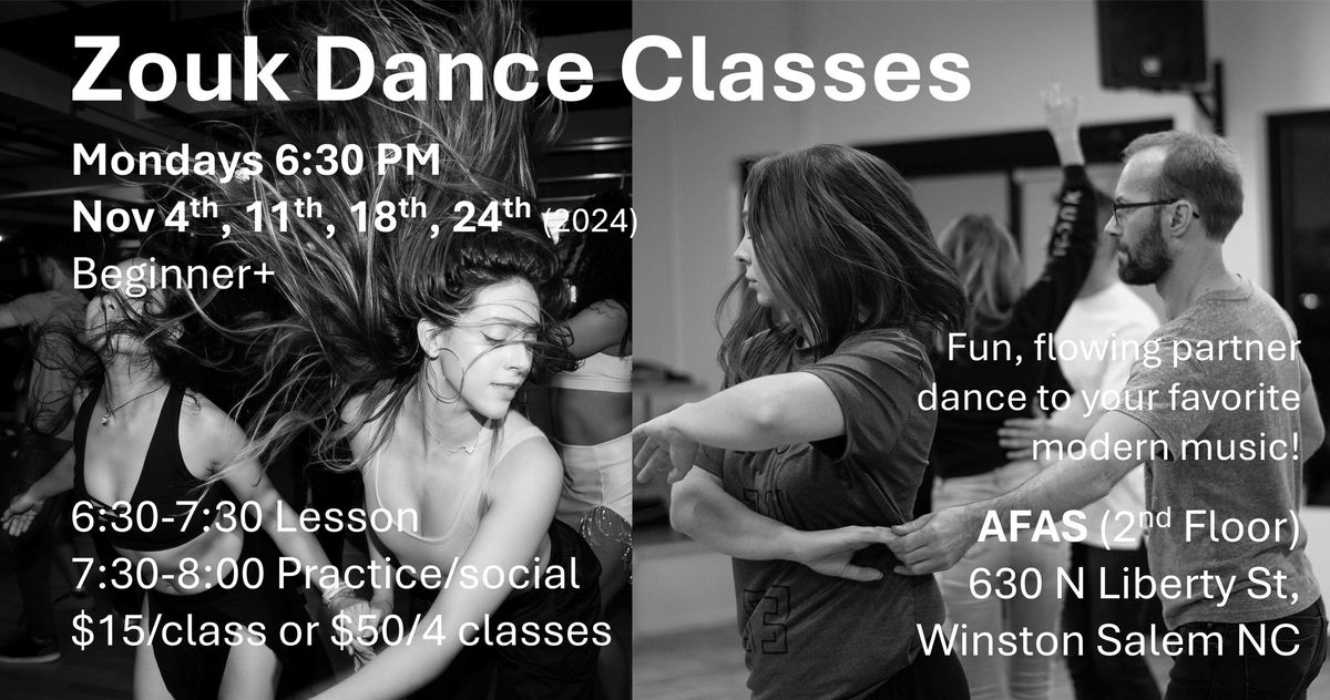 Zouk Dance Classes, Mondays in Winston Salem, Nov 2024