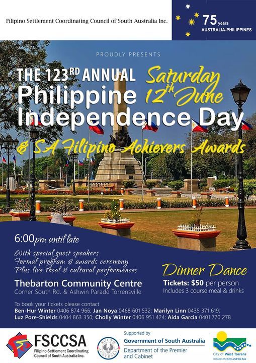 123rd Philippine Independence Day Dinner Dance Sa Filipino Achievers Awards Saturday 12th June Thebarton Community Centre Morphett Vale 12 June To 13 June 123rd Philippine Independence Day Dinner Dance Sa Filipino Achievers Awards Saturday 12th June Thebarton Community Centre Morphett Vale 12 June To 13 June