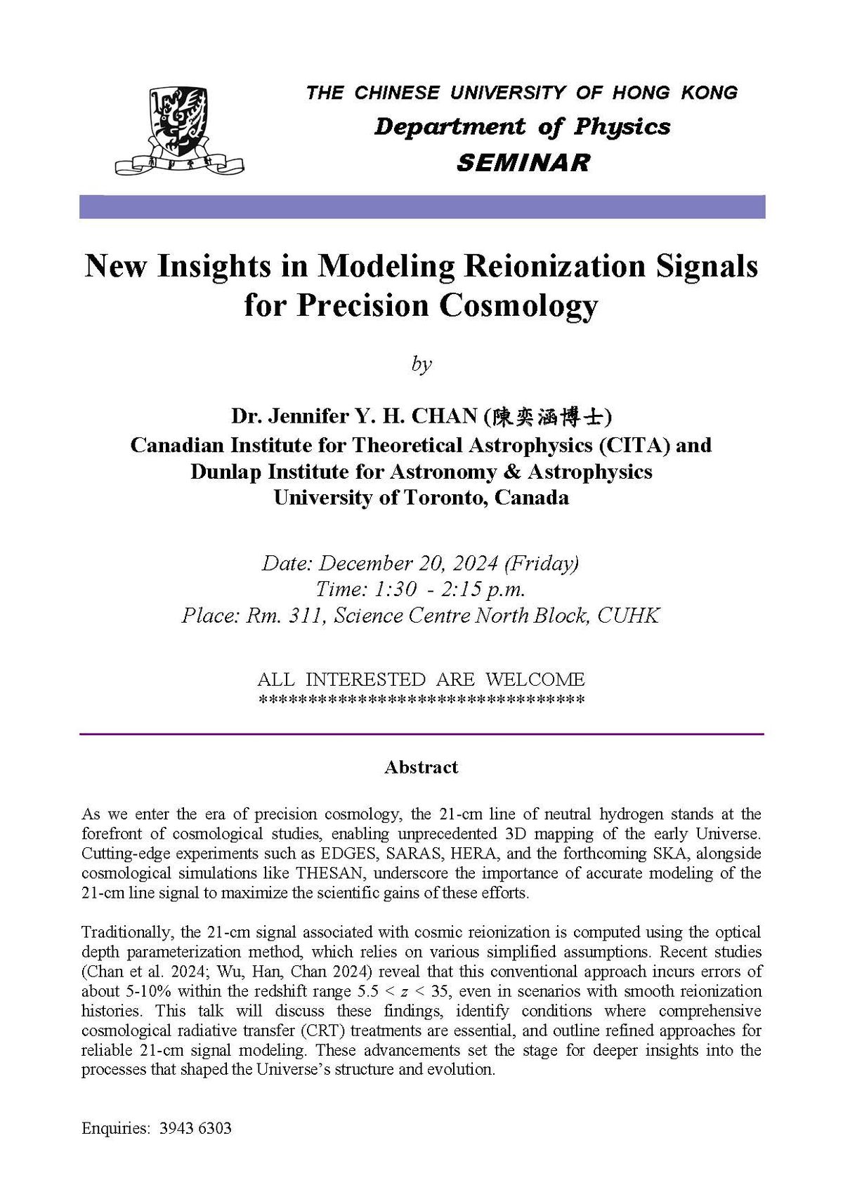 Seminar by Dr. Jennifer Y. H. CHAN (University of Toronto)