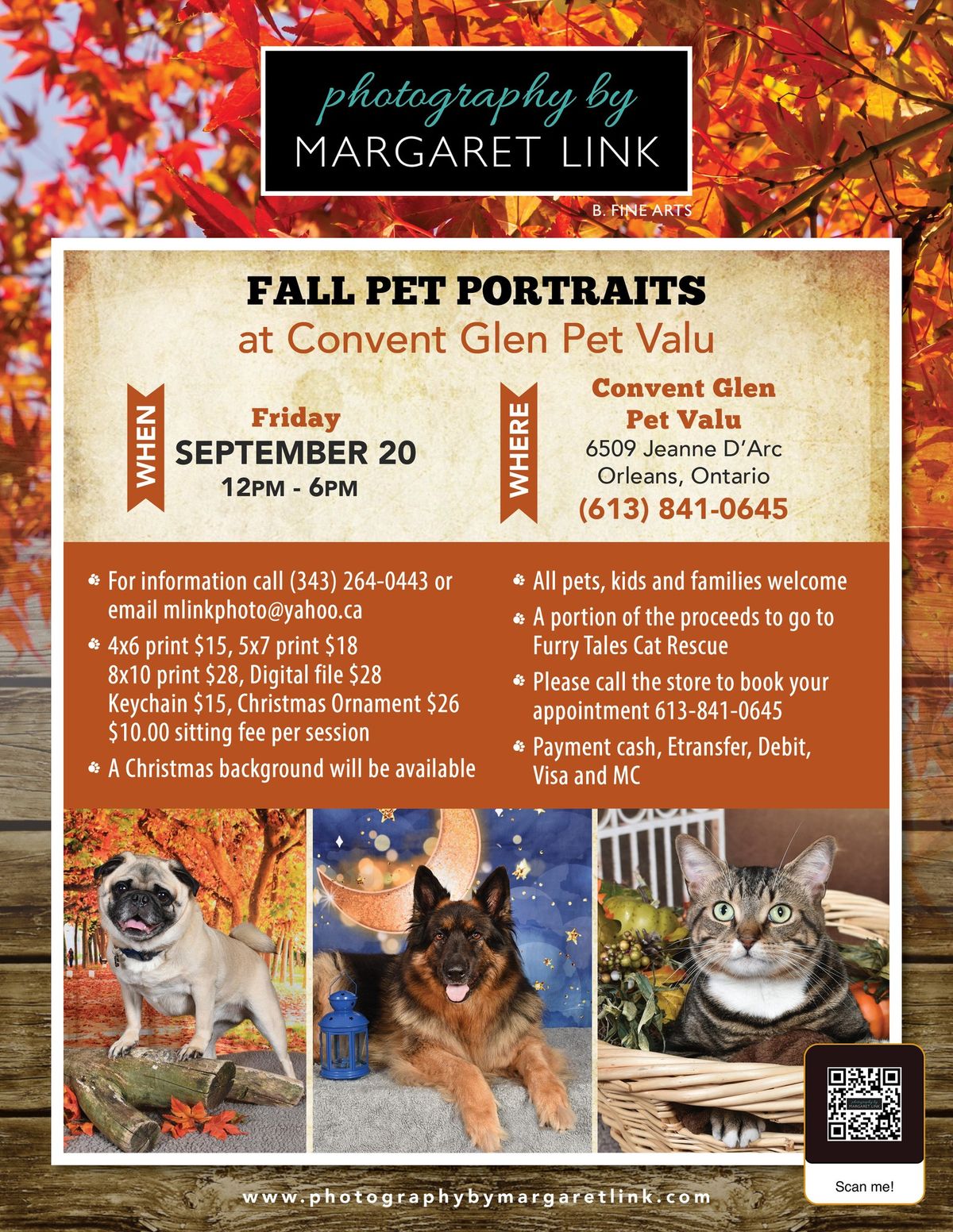 Fall Pet Portraits at Convent Glen Pet Valu  Friday September 20 12- 6  call store  613 841 0645