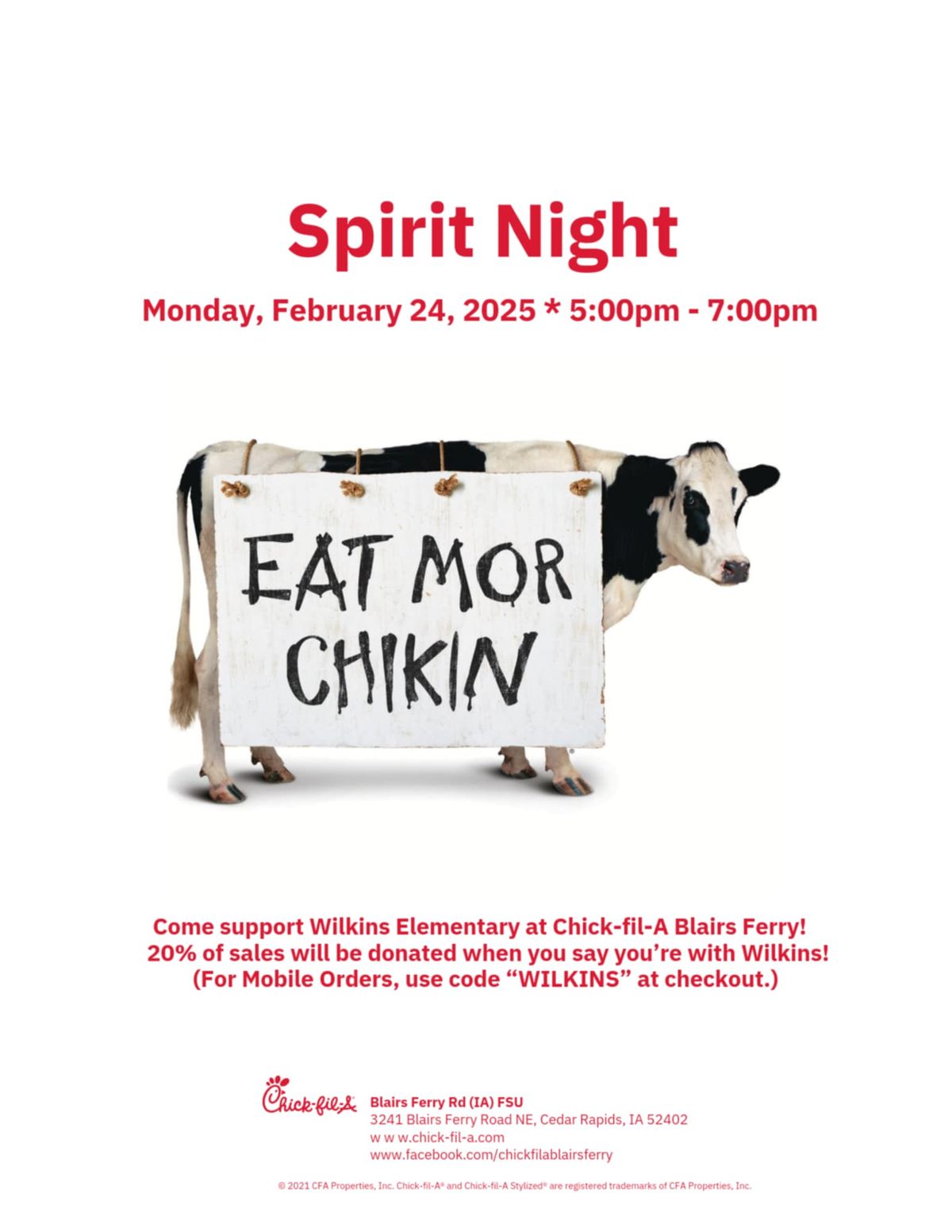 Wilkins Spirit Night at Chick-fil-A Blairs Ferry