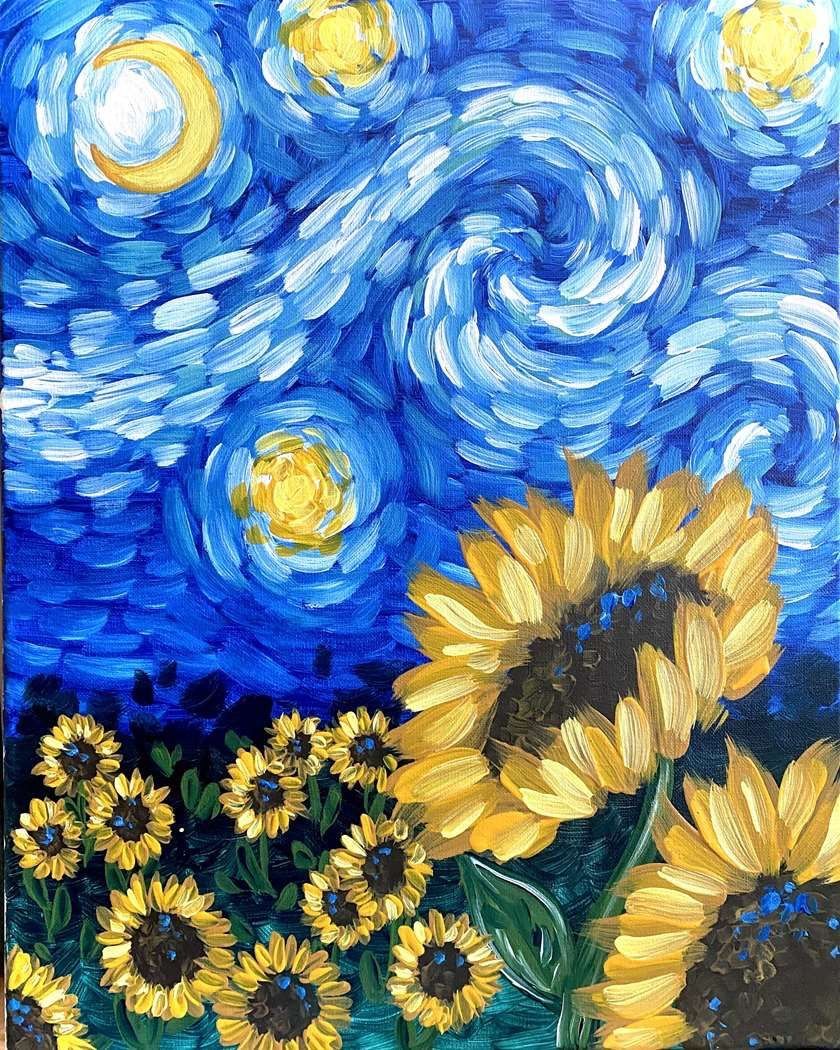 Starry Sunflowers Van Gogh Canvas Painting Experience with Heather, Simply Delicious Aldridge 