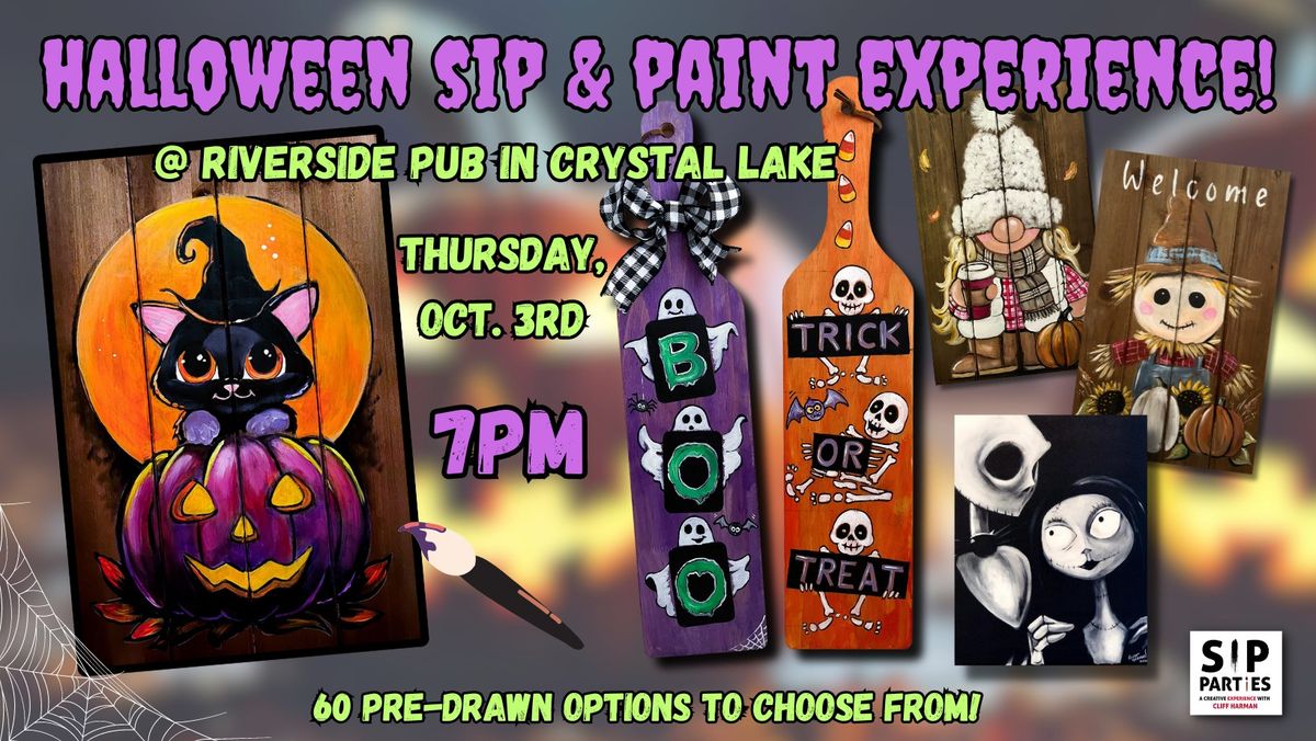 Pre-Drawn SIP & Paint Experience at Riverside Pub in Crystal Lake! Thursday, Oct. 3rd!