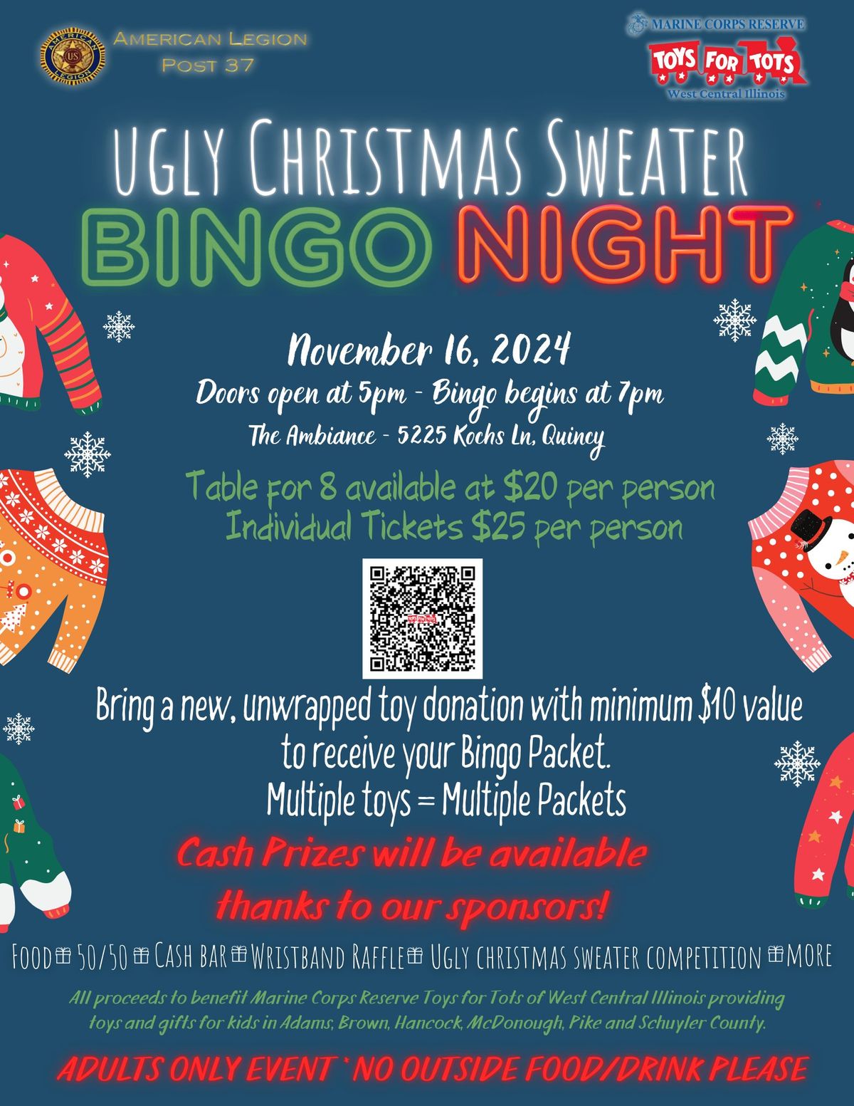 3rd Annual Ugly Christmas Sweater Bingo for Marine Corps Toys for Tots