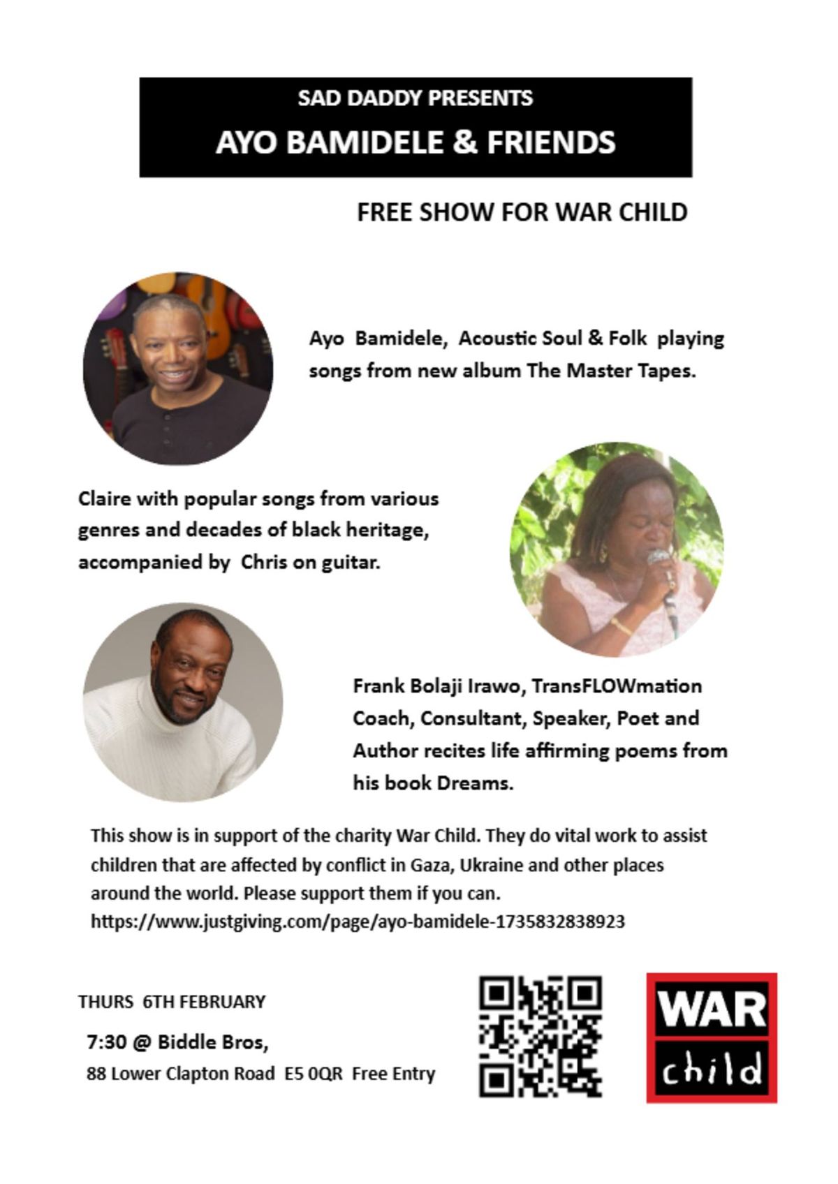 Ayo Bamidele & Friends: Show in Support of War Child feat. Claire + Frank Bolaji Irawo ~ Free Entry