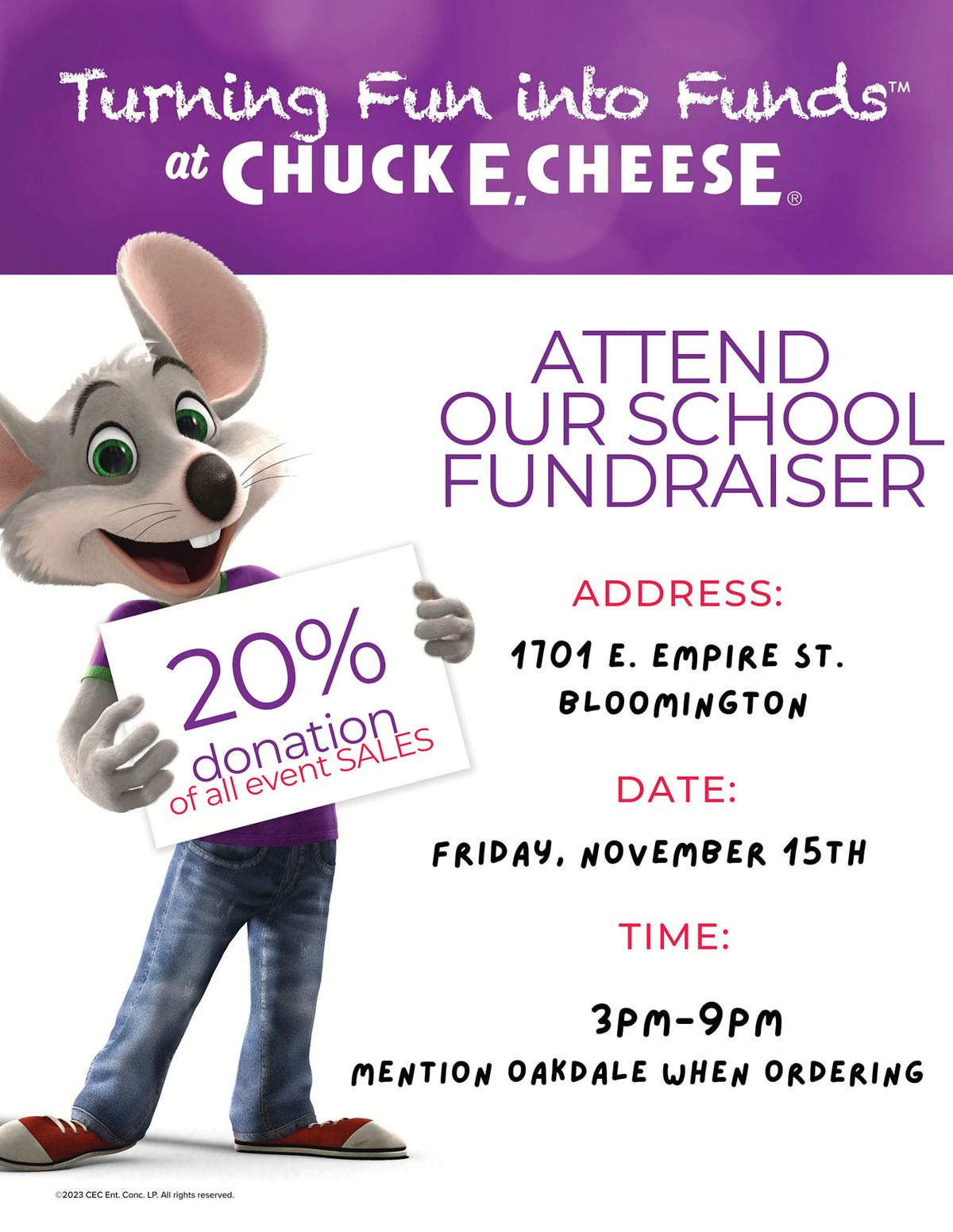 Oakdale's Chuck E. Cheese Dine to Donate