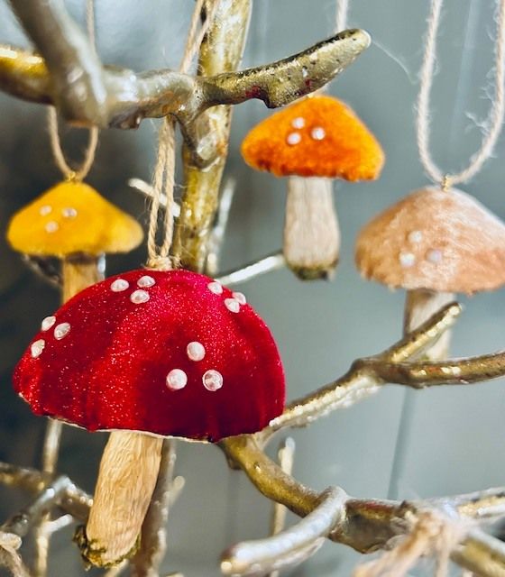 Set of 3 Velvet Embellished Mushrooms w\/Stevie