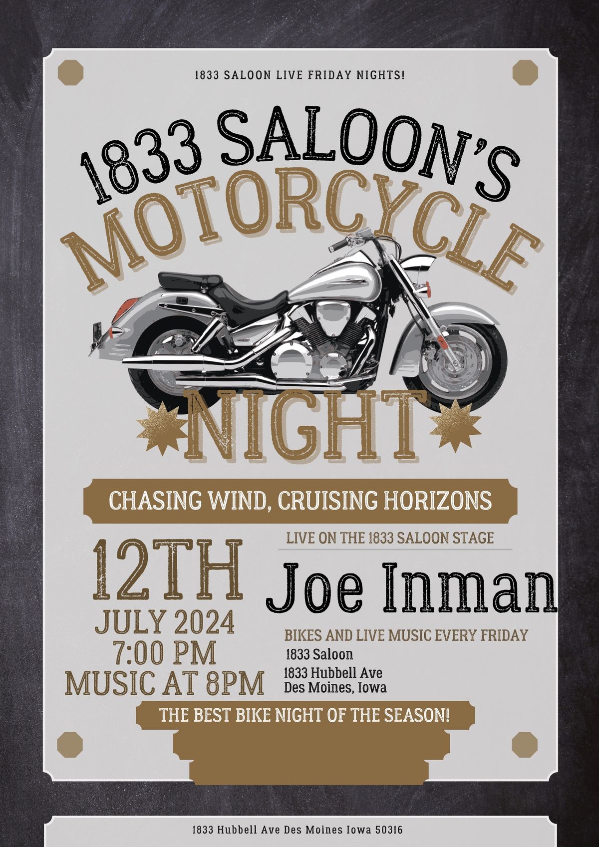 Joe Inman, LIVE at 1833 Saloon! And Bike Night!