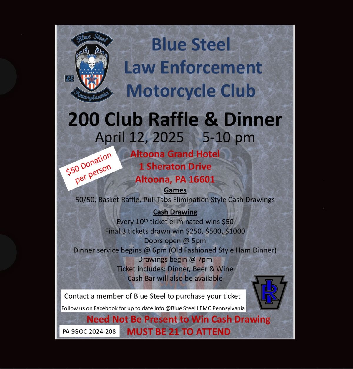 Blue Steel 200 Club Raffle and Dinner