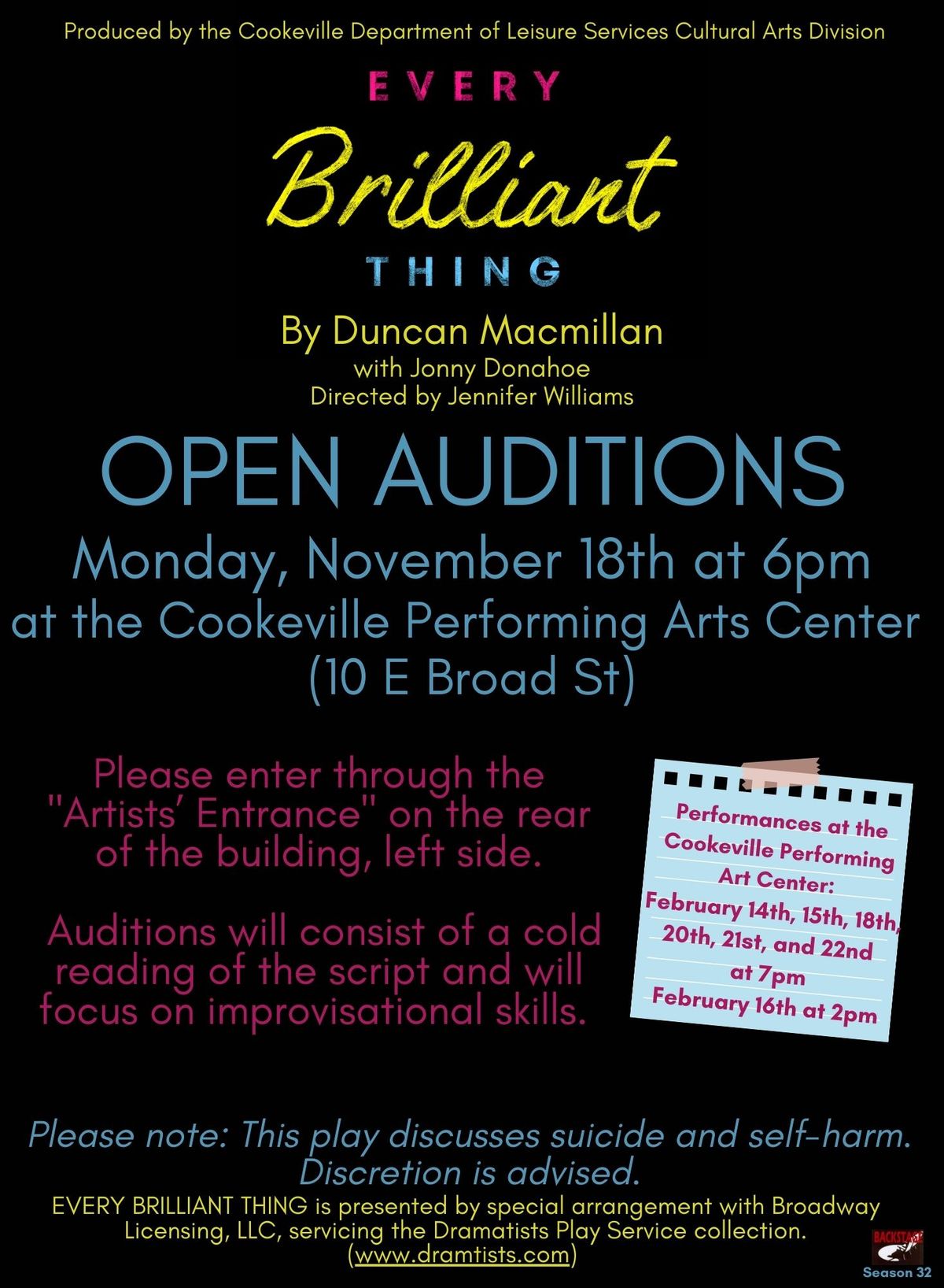 OPEN AUDITIONS for Every Brilliant Thing