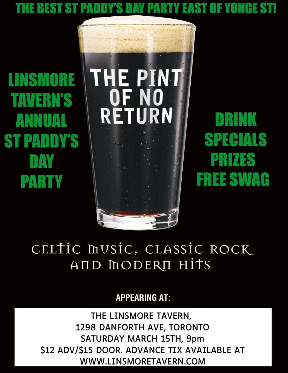 Linsmore Tavern\u2019s Annual St Patrick\u2019s Day Party featuring The Pint of No Return!