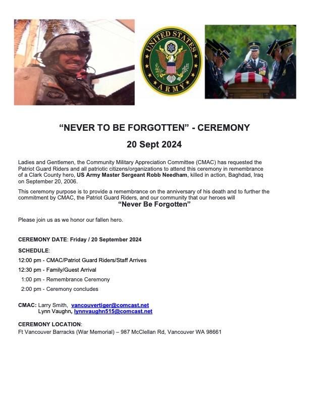 NEVER TO BE FORGOTTEN Ceremony for MSG Robb Needham