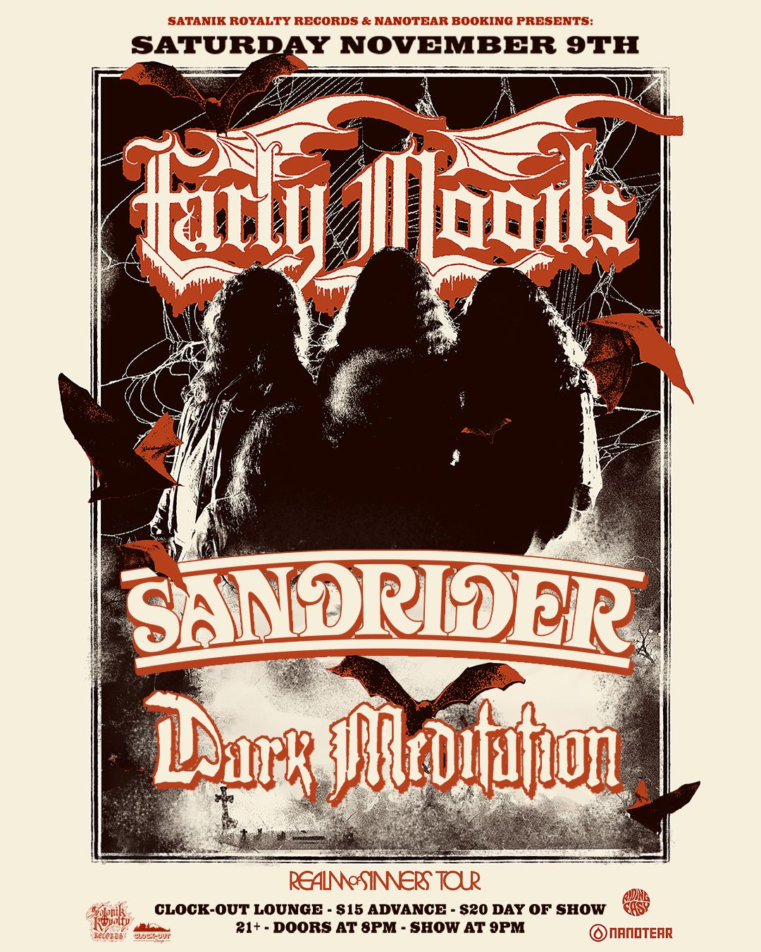 Satanik Royalty Records & Clock-Out Lounge Present: Early Moods w\/  Sandrider, Dark Mediation