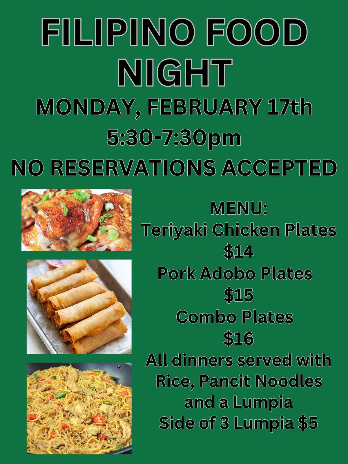 Filipino Food Night, Monday, February 17th