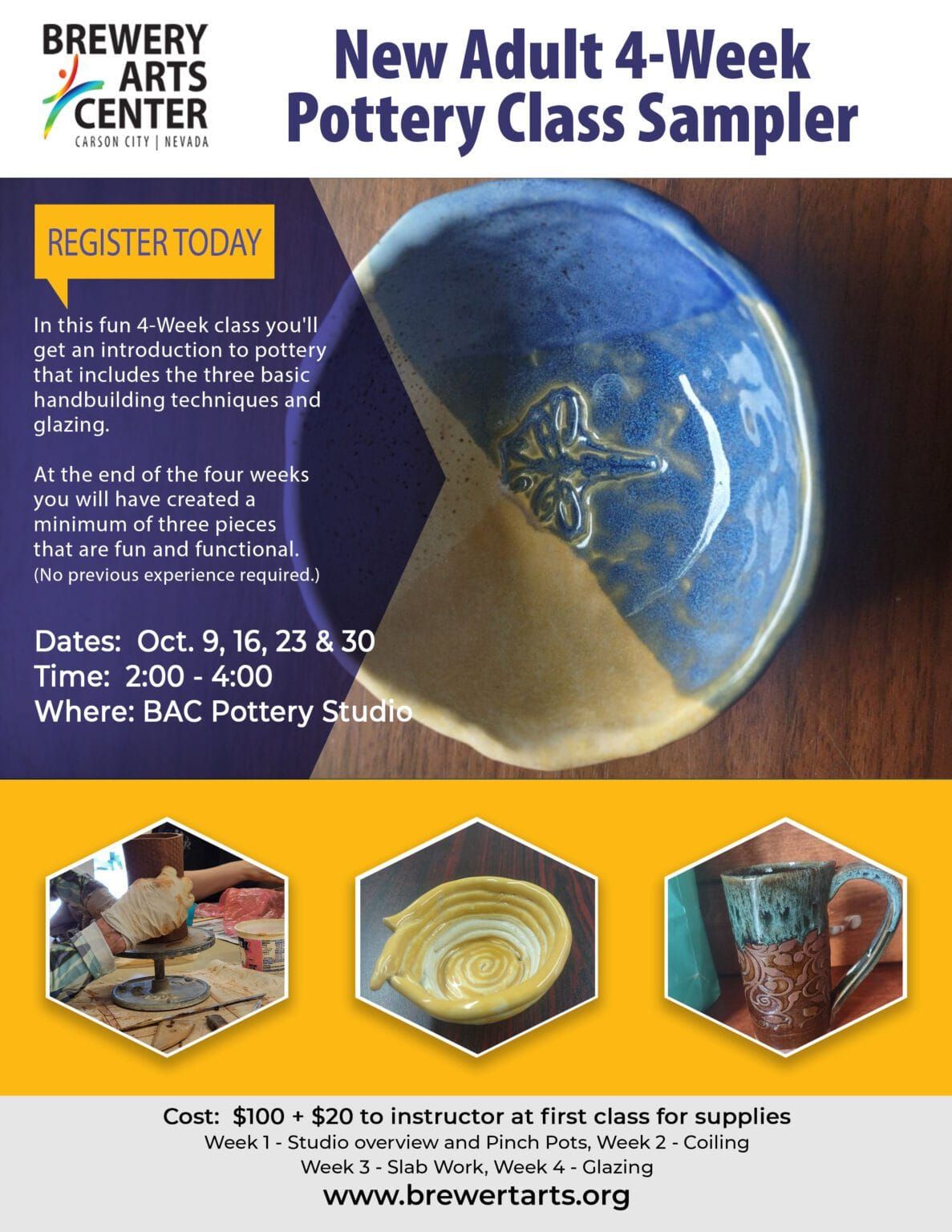 ADULT 4 WEEK POTTERY CLASS SAMPLER | WEDNESDAYS | OCTOBER 9TH THRU 30TH | 2-4PM