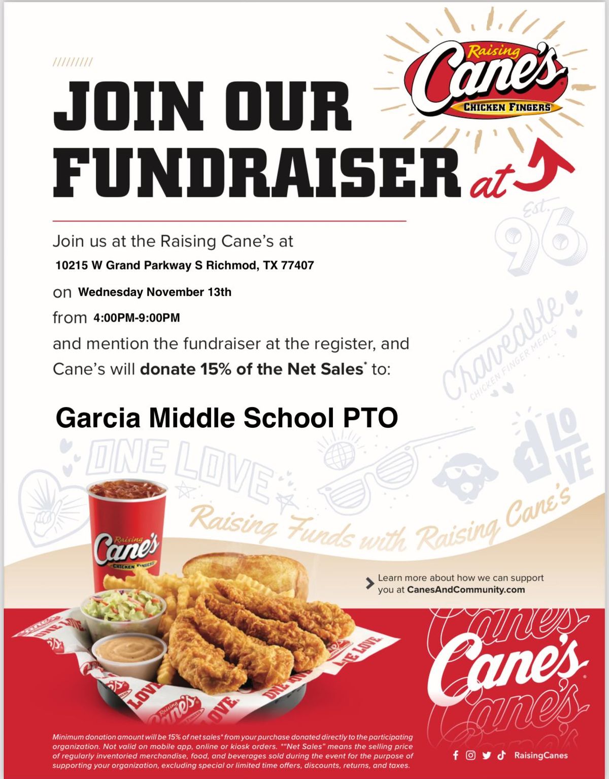 Garcia Middle School Spirit Night with Raising Cane's