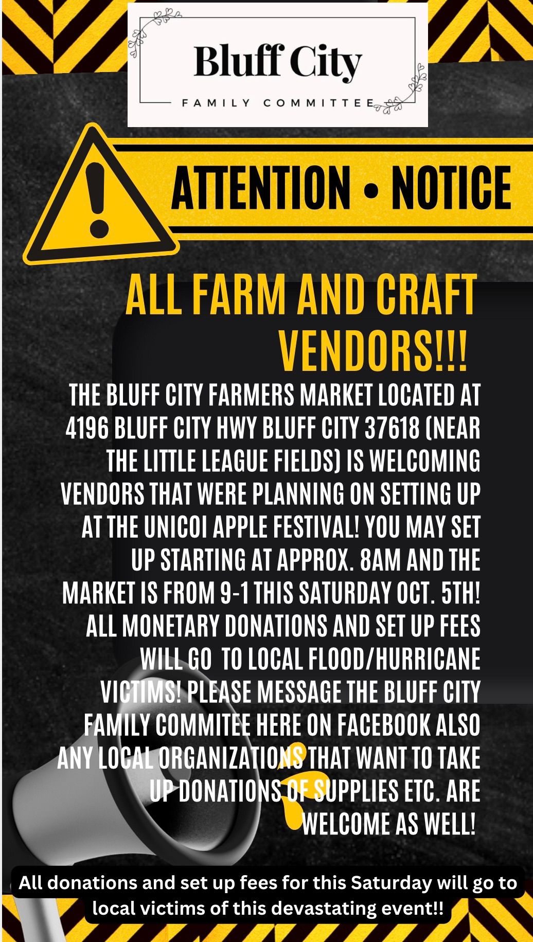 Bluff City Farmers Market monetary donations for Flood\/Hurricane victims