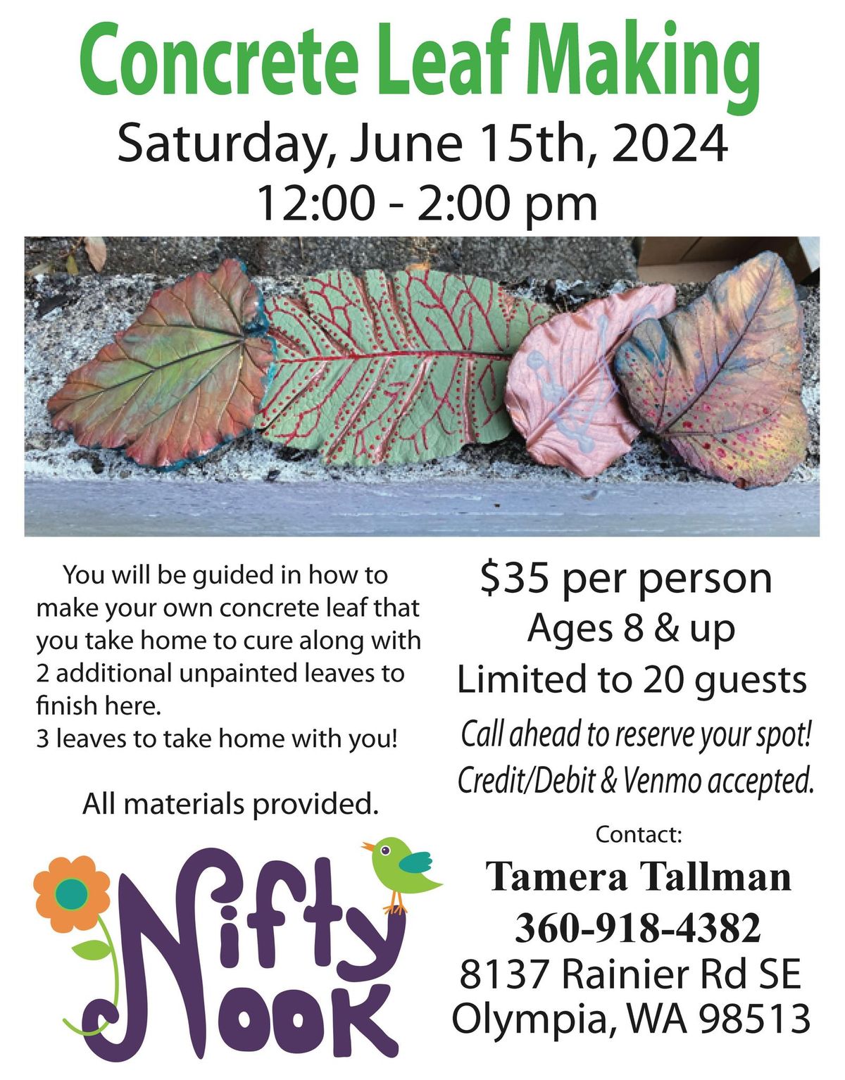 Concrete leaf making event at Nifty Nook. 