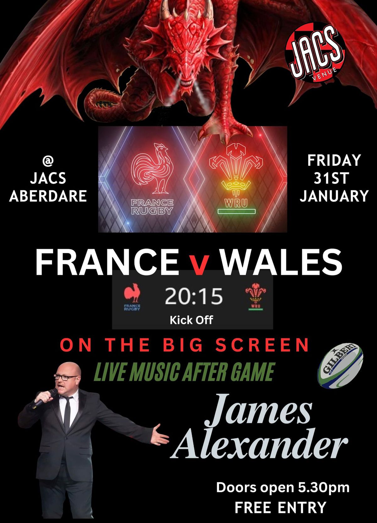 France V Wales Rugby + Live singer: James Alexander @ Jacs Aberdare