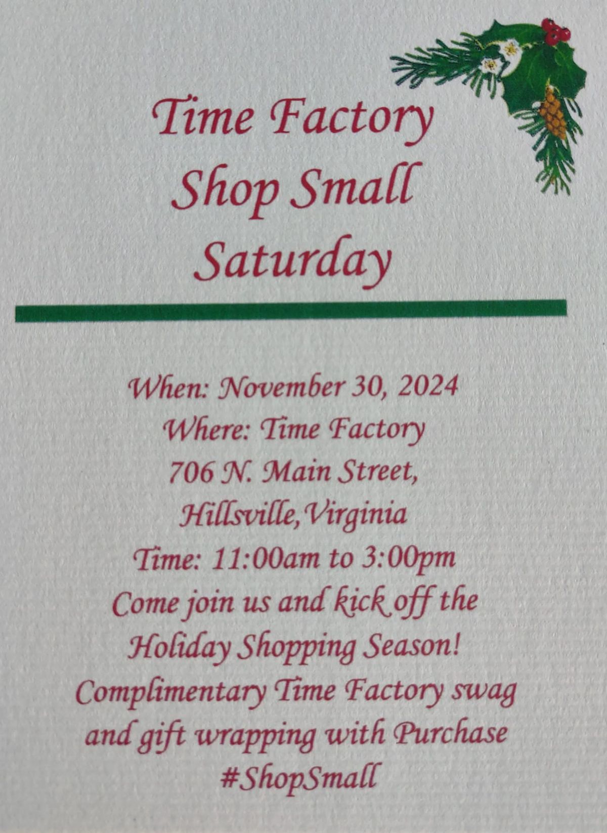 Time Factory Shop Small Saturday 