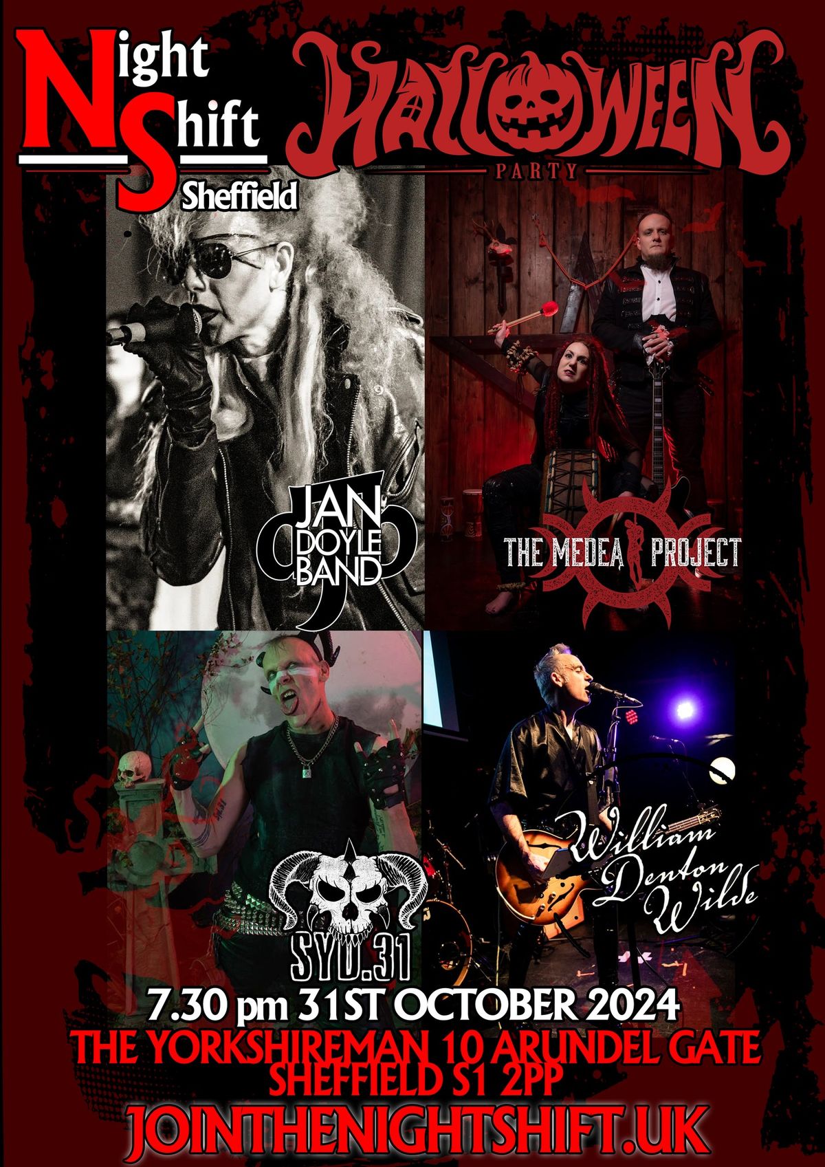 Night Shift Sheffield : HALLOWEEN 2024 Jan Doyle Band, Medea Project, Syd.31, William Denton Wilde