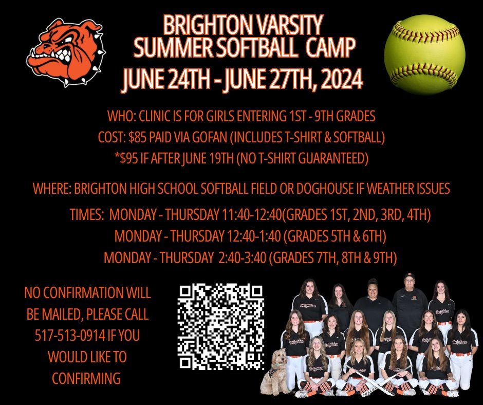 Brighton Summer Softball Camp for Girls entering 1st-9th grades