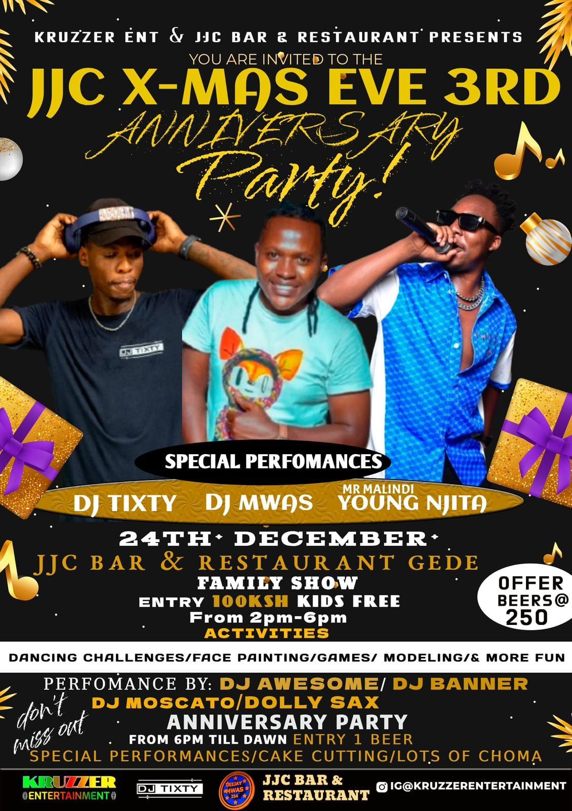 24DECEMBER 3rd ANNIVERSARY PARTY IN JJC BAR AND RESTAURANT GEDE all local beers 250ksh