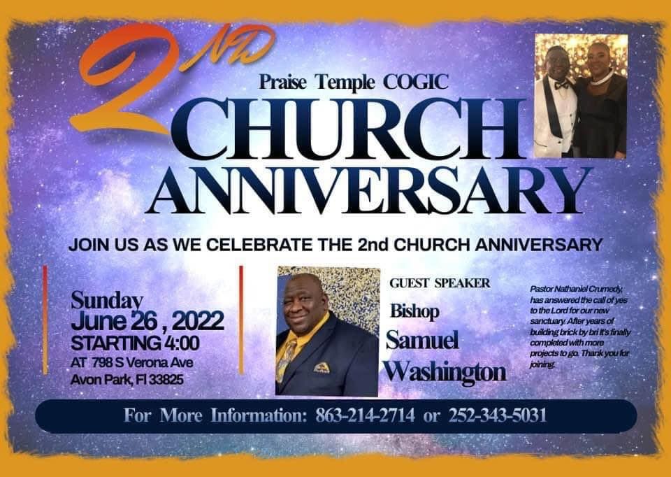 Praise Temple Cogic 2nd Church Anniversary 798 S Verona Ave Avon Park Fl 33825 4148 United 1917