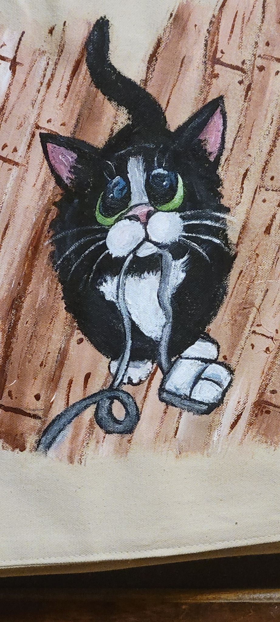 Whimsical Cat and "mouse" painted on a canvas bag