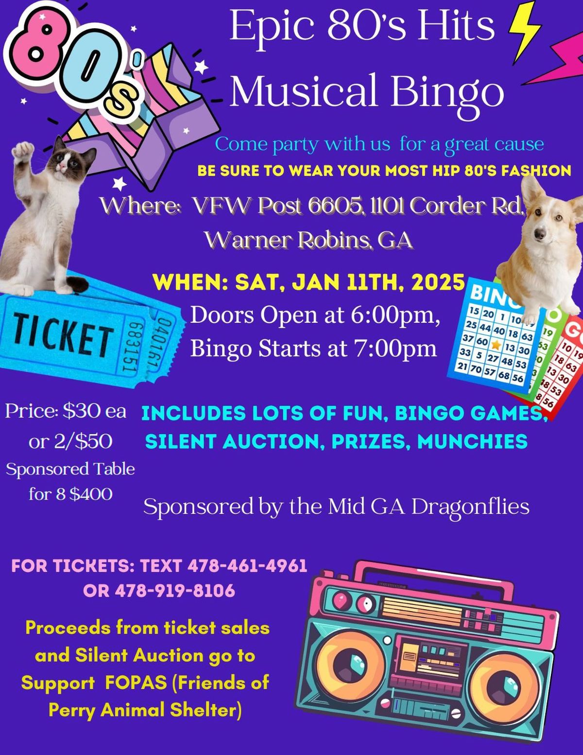 Epic 80\u2019s Hits Musical Bingo Hosted by Mid GA Dragonflies