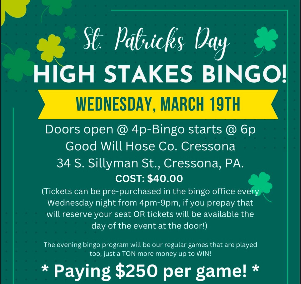 St. Patrick\u2019s Day High Stakes Bingo!