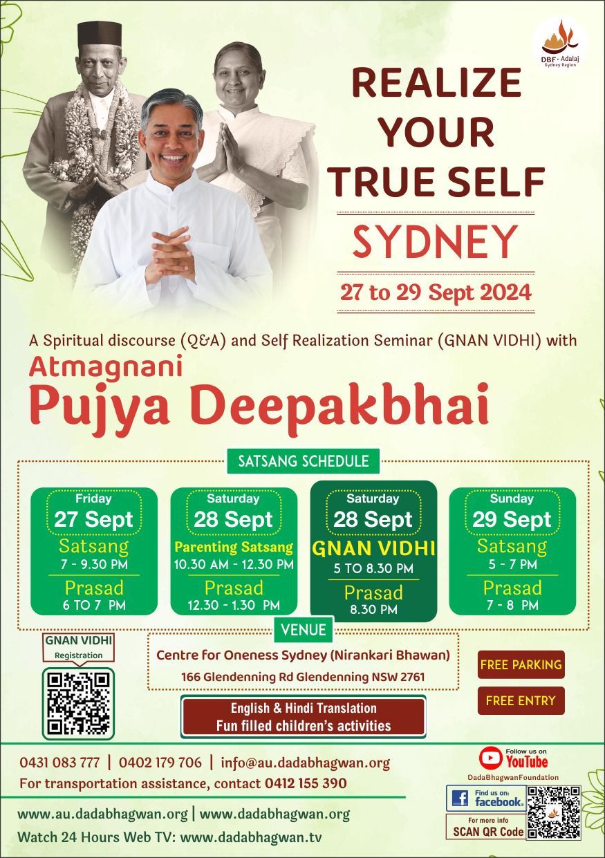 Satsang & Gnan Vidhi in Sydney | 27 - 29 Sep | Pujya Deepakbhai 