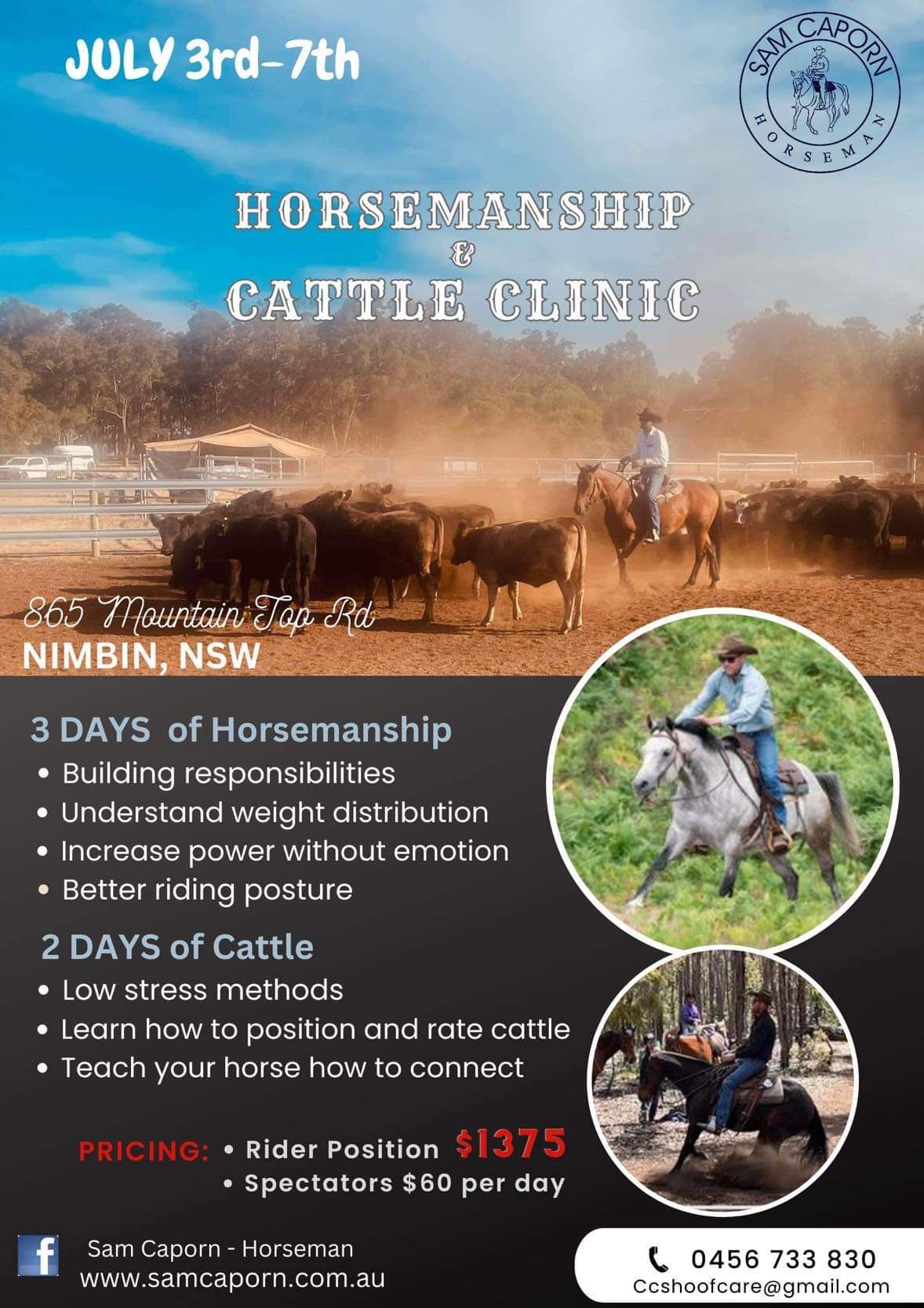 5 Days with Sam Caporn - Horsemanship and Cattle Clinic 