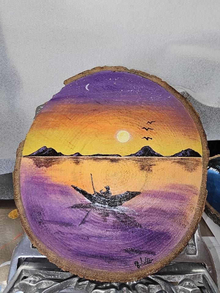 Sunset Fisherman Wood Round