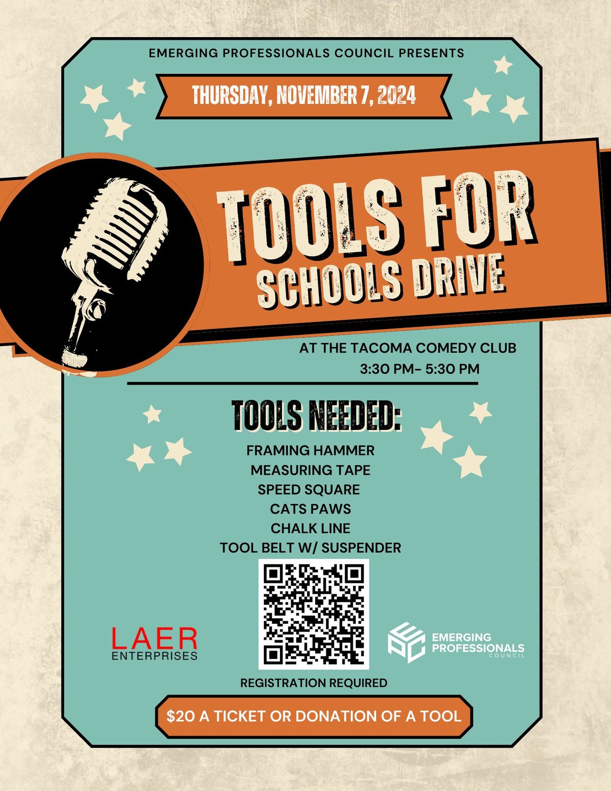 2024 Emerging Professionals Council-Tools for School Drive at Tacoma Comedy Club