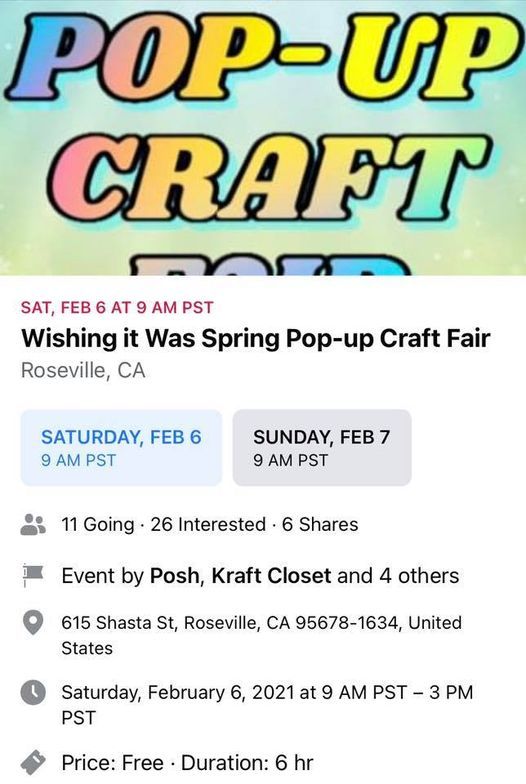 Spring Pop Up Craft Fair, 615 Shasta St, Roseville, CA 956781634