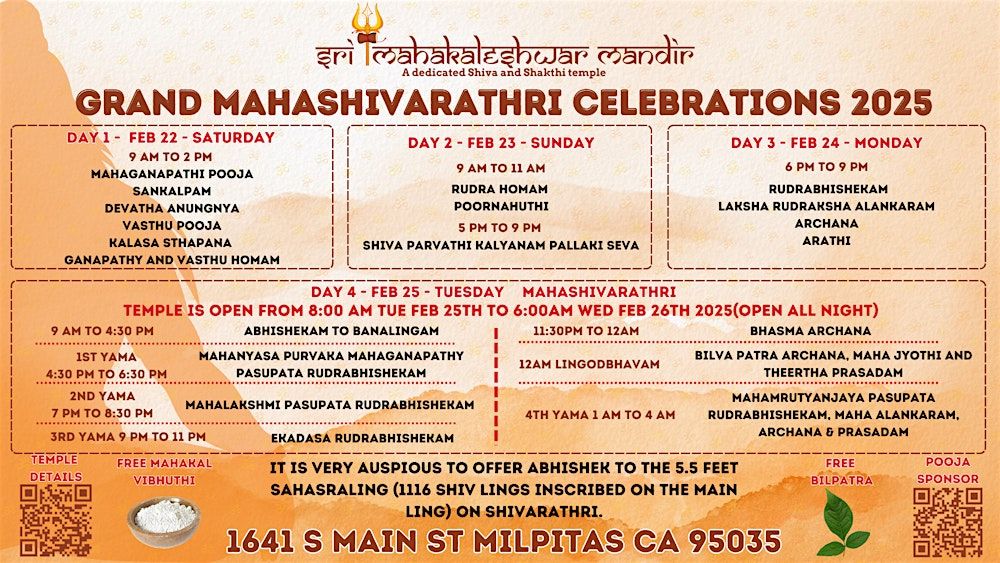 Maha Shivaratri 2025 Celebrations at Sri Mahakaleshwar Temple in Milpitas