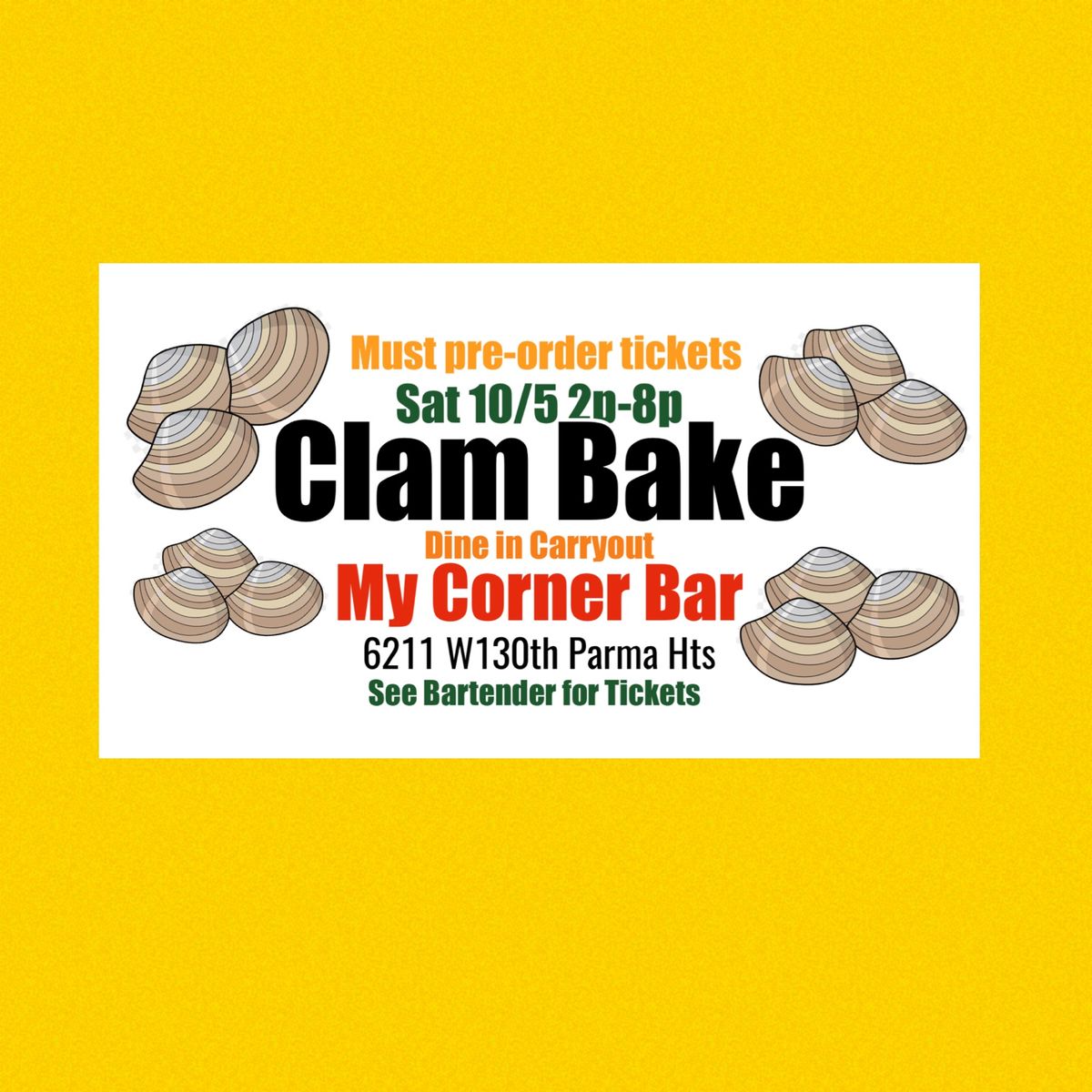 MCB Clam Bake MUST PRE BUY TICKETS-My Corner Bar 6211 W130th Parma Hts