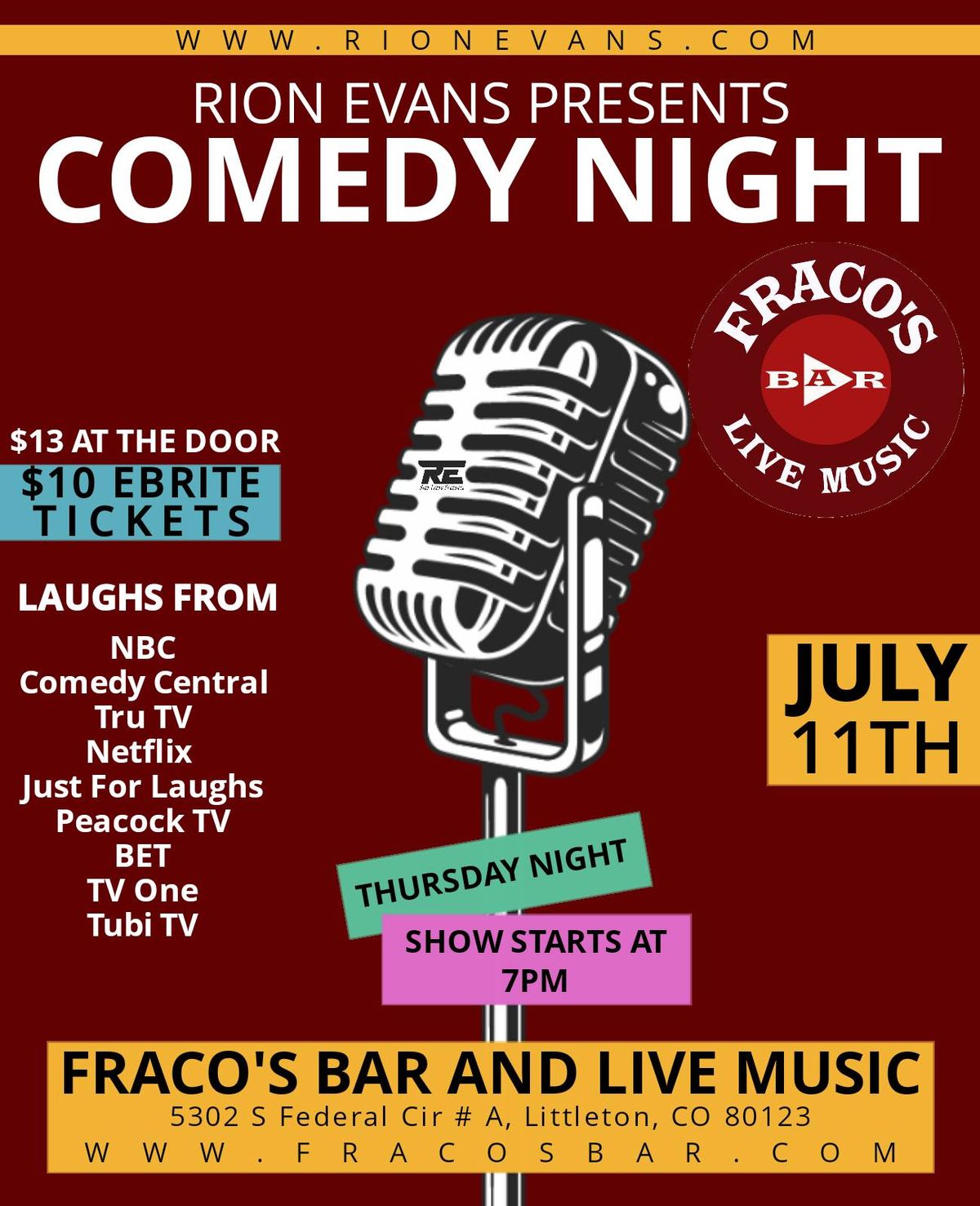 RION EVANS PRESENTS COMEDY NIGHT AT FRACO'S BAR AND LIVE MUSIC