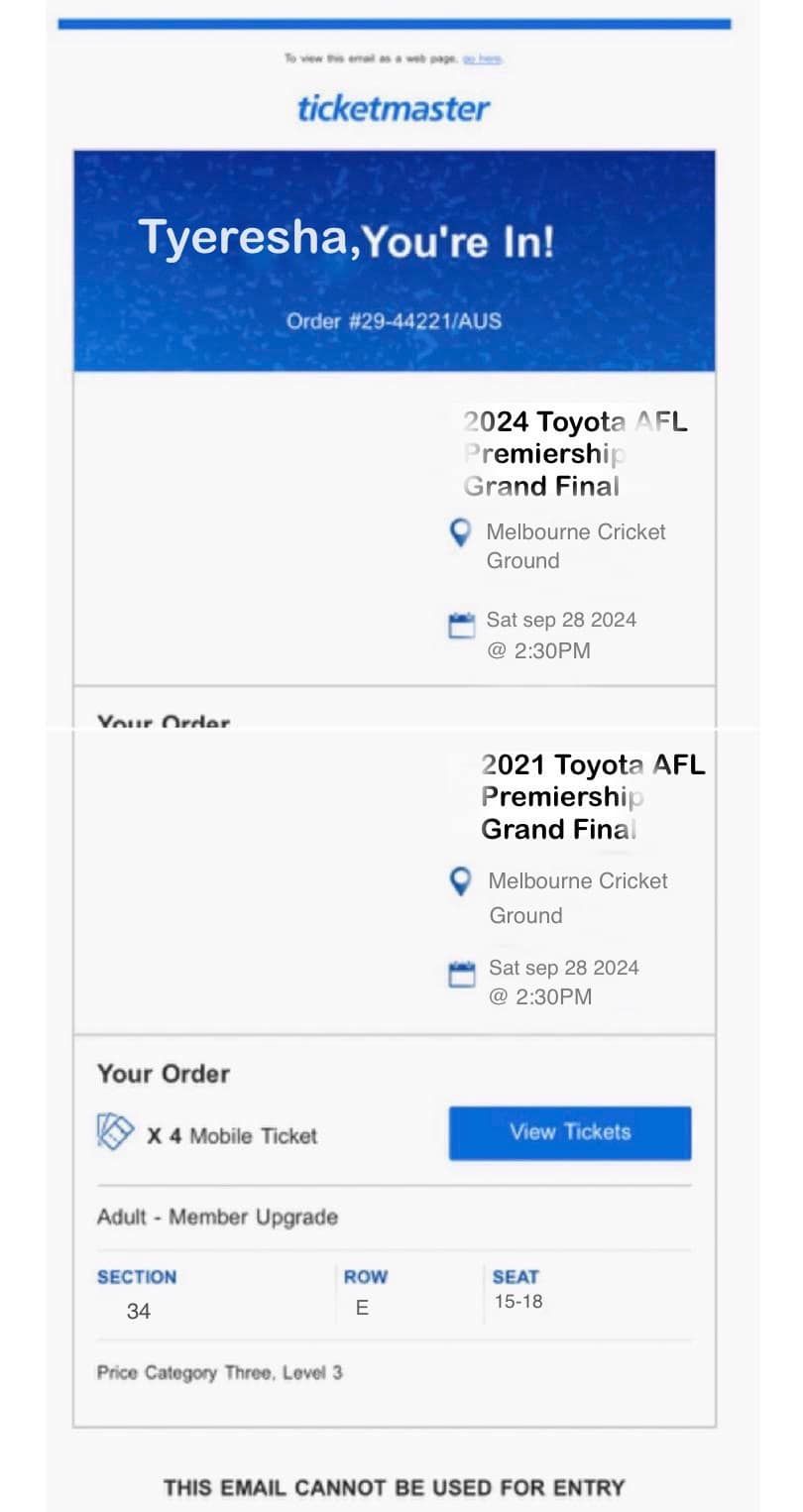 AFL GRAND FINAL TICKET 