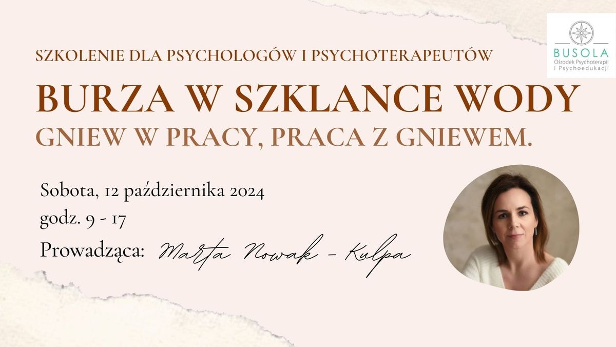 Gniew w pracy, praca z gniewem. Szkolenie dla psycholog\u00f3w i psychoterapeut\u00f3w. BURZA W SZKLANCE WODY.